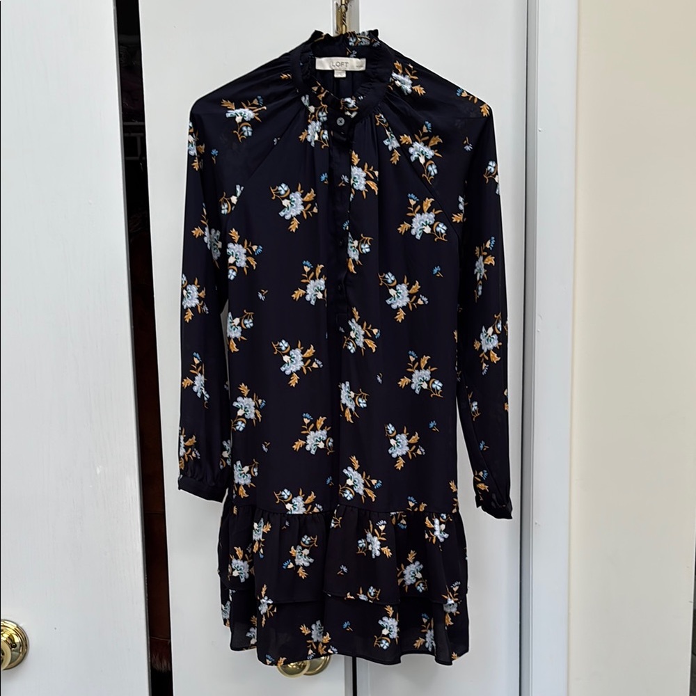 LOFT Blue Bishop Sleeve Mock Neck Dress